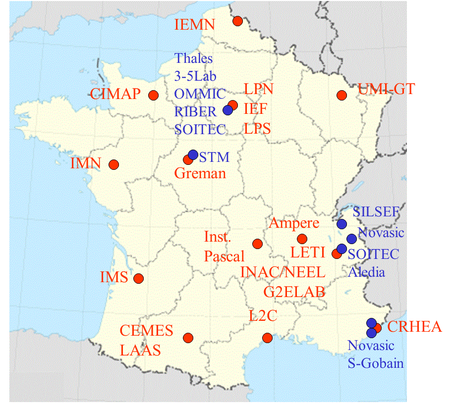 Carte de France avec localisataion et nom des partenaires du projet GaNeX