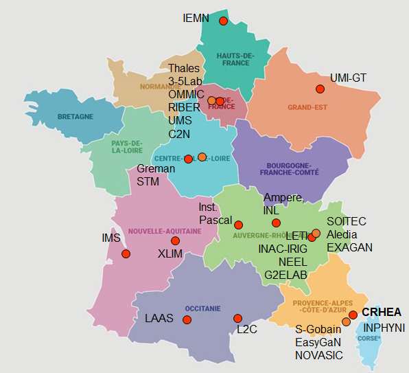 Carte de France avec localisataion et nom des partenaires du projet GaNeXT